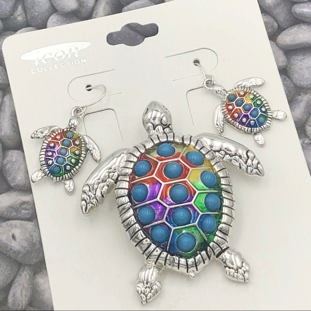 Sea Turtle Multicolor Pendant Earrings Set